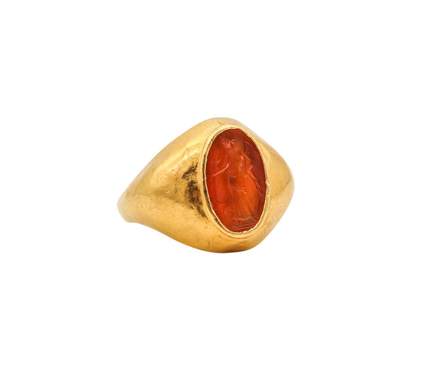 ANCIENT ROME 100-200 AD Signet Intaglio Ring In 23Kt Gold & Carved Carnelian