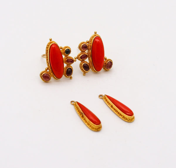 -Luna Felix Dangle Drop Earrings In 22Kt Gold With 32 Ctw In Coral And Tourmalines