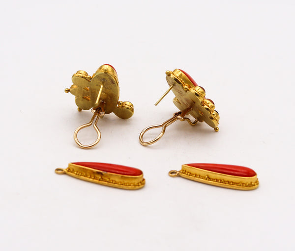 -Luna Felix Dangle Drop Earrings In 22Kt Gold With 32 Ctw In Coral And Tourmalines