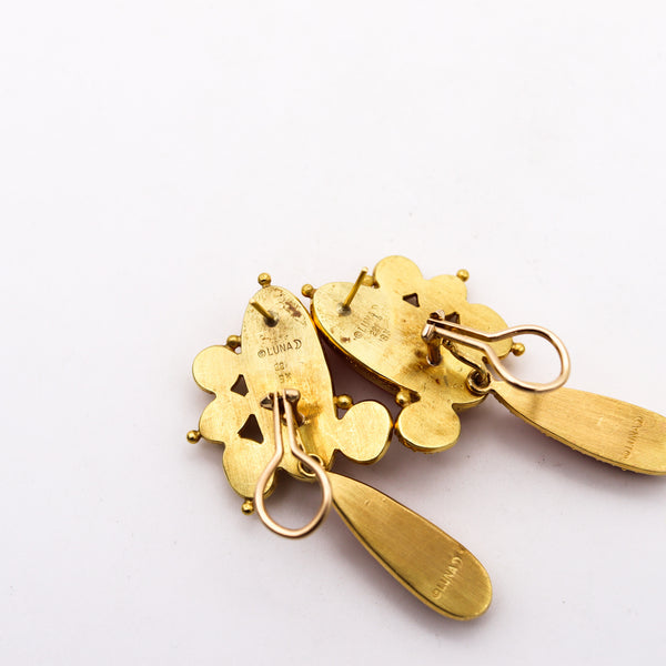 -Luna Felix Dangle Drop Earrings In 22Kt Gold With 32 Ctw In Coral And Tourmalines