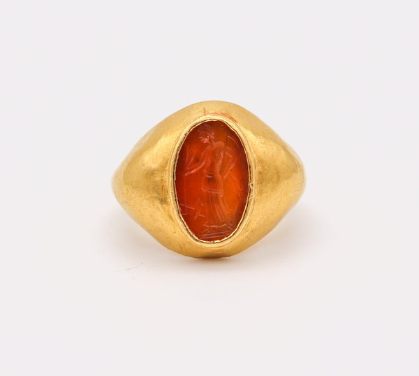 ANCIENT ROME 100-200 AD Signet Intaglio Ring In 23Kt Gold & Carved Carnelian