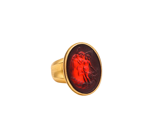 -Etruscan Intaglio Signet Cocktail Ring With Carved Carnelian In 18Kt Yellow Gold