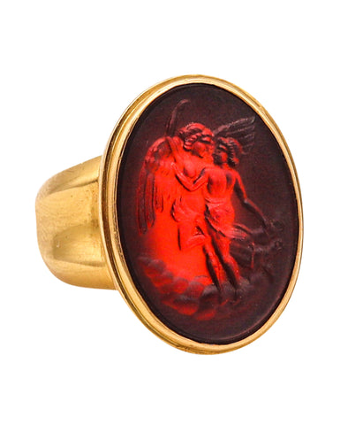 -Etruscan Intaglio Signet Cocktail Ring With Carved Carnelian In 18Kt Yellow Gold