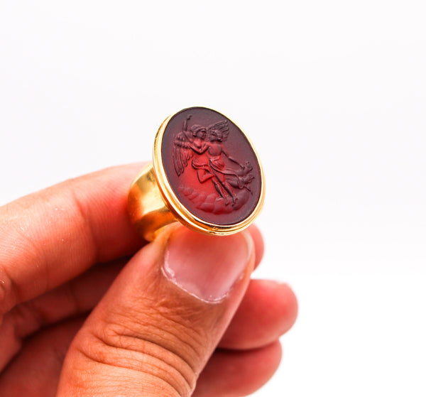 -Etruscan Intaglio Signet Cocktail Ring With Carved Carnelian In 18Kt Yellow Gold