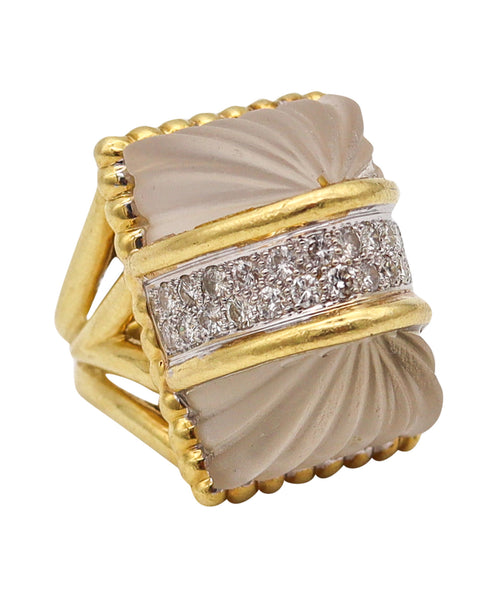 R. STONE 1970 Modernist Cocktail Ring In 18Kt Gold With Diamonds & Rock Quartzes