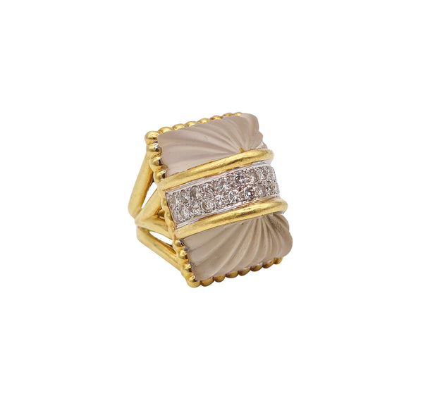 R. STONE 1970 Modernist Cocktail Ring In 18Kt Gold With Diamonds & Rock Quartzes