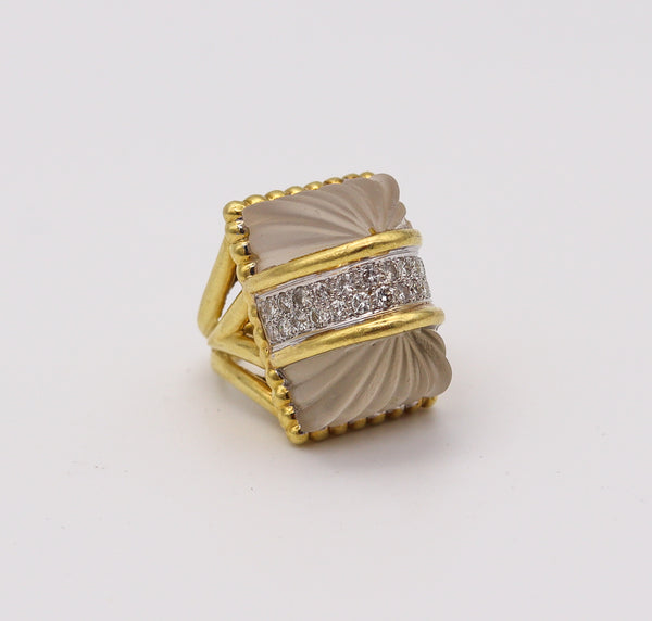 R. STONE 1970 Modernist Cocktail Ring In 18Kt Gold With Diamonds & Rock Quartzes