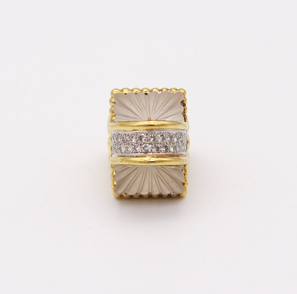 R. STONE 1970 Modernist Cocktail Ring In 18Kt Gold With Diamonds & Rock Quartzes