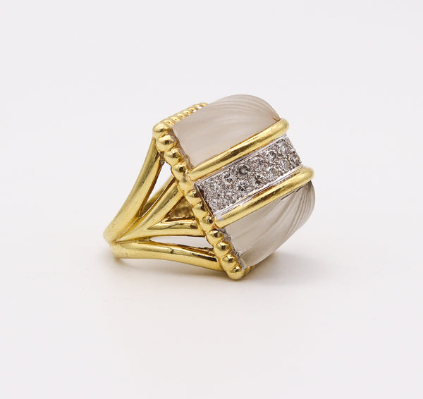 R. STONE 1970 Modernist Cocktail Ring In 18Kt Gold With Diamonds & Rock Quartzes