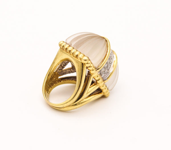 R. STONE 1970 Modernist Cocktail Ring In 18Kt Gold With Diamonds & Rock Quartzes