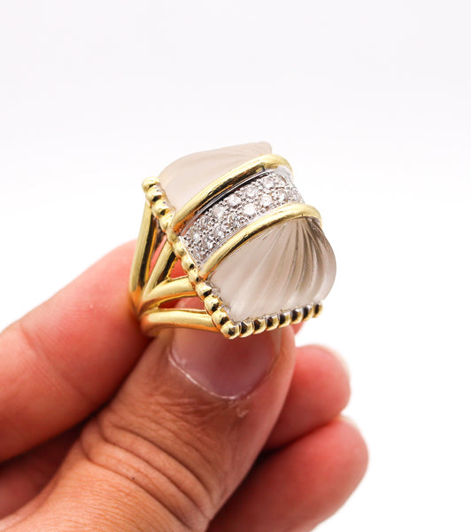 R. STONE 1970 Modernist Cocktail Ring In 18Kt Gold With Diamonds & Rock Quartzes