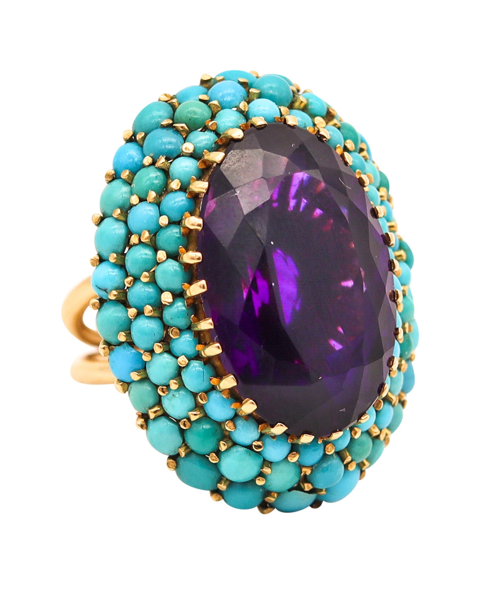 RETRO-MODERNIST 1960 Cocktail Ring IN 18Kt Gold With Amethyst & Turquoises