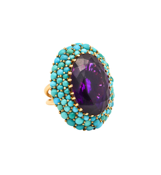 RETRO-MODERNIST 1960 Cocktail Ring IN 18Kt Gold With Amethyst & Turquoises