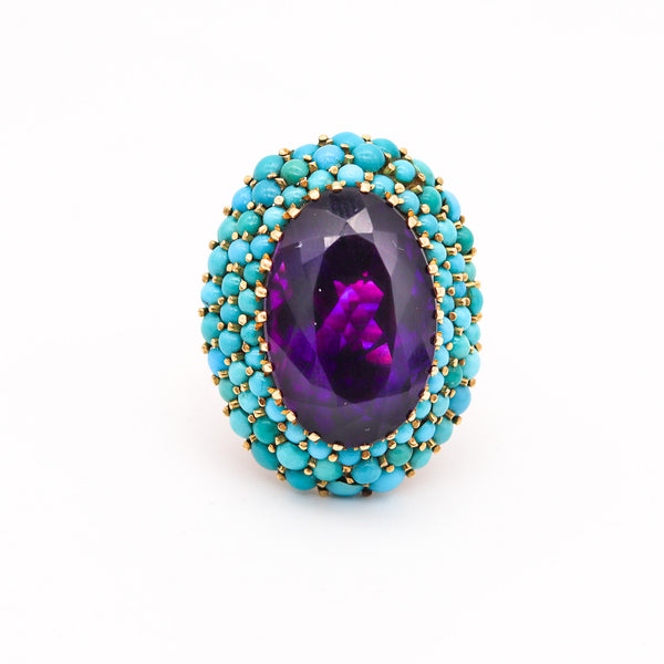 RETRO-MODERNIST 1960 Cocktail Ring IN 18Kt Gold With Amethyst & Turquoises