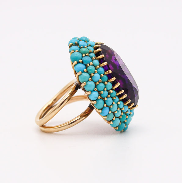 RETRO-MODERNIST 1960 Cocktail Ring IN 18Kt Gold With Amethyst & Turquoises