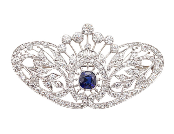 TIFFANY & CO 1910 Edwardian Brooch-Pendant Platinum 7.01 Cwt Diamonds & Sapphire