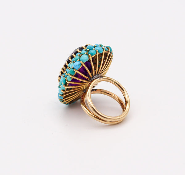 RETRO-MODERNIST 1960 Cocktail Ring IN 18Kt Gold With Amethyst & Turquoises