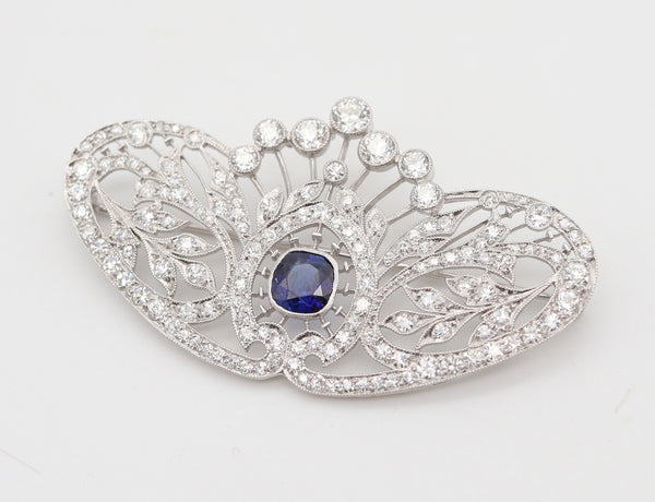 TIFFANY & CO 1910 Edwardian Brooch-Pendant Platinum 7.01 Cwt Diamonds & Sapphire