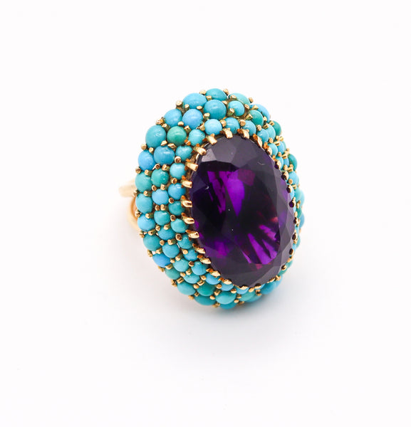 RETRO-MODERNIST 1960 Cocktail Ring IN 18Kt Gold With Amethyst & Turquoises