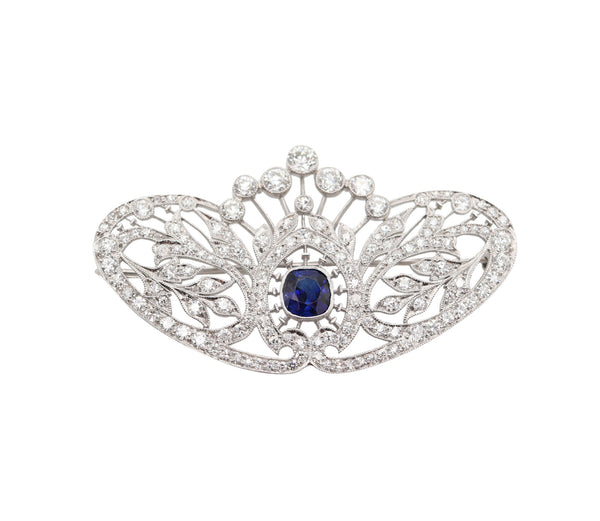 TIFFANY & CO 1910 Edwardian Brooch-Pendant Platinum 7.01 Cwt Diamonds & Sapphire