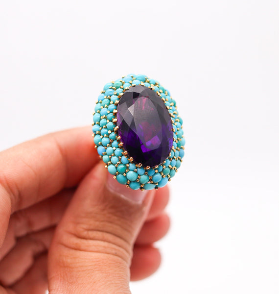 RETRO-MODERNIST 1960 Cocktail Ring IN 18Kt Gold With Amethyst & Turquoises