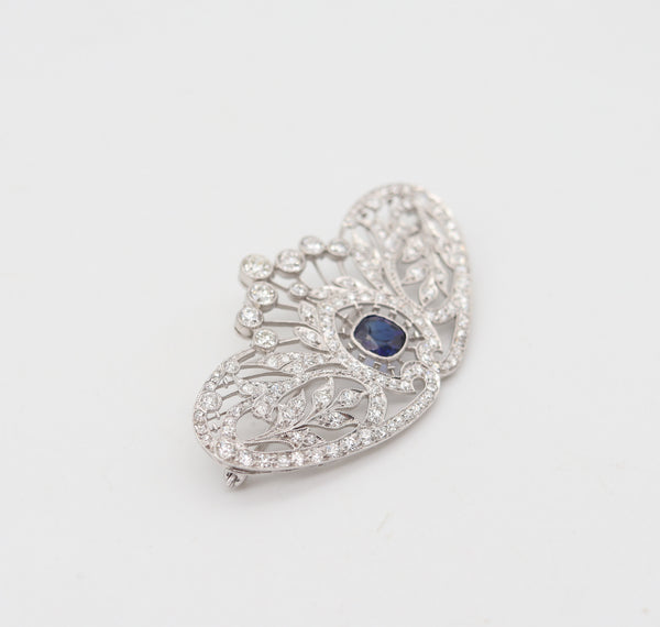 TIFFANY & CO 1910 Edwardian Brooch-Pendant Platinum 7.01 Cwt Diamonds & Sapphire