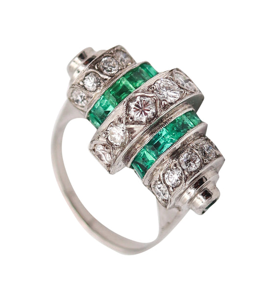 ART DECO 1925 Cocktail Geometric Ring In Platinum 3.19 Ctw Diamonds & Emeralds