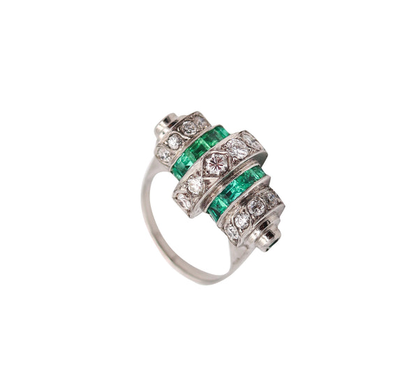 ART DECO 1925 Cocktail Geometric Ring In Platinum 3.19 Ctw Diamonds & Emeralds