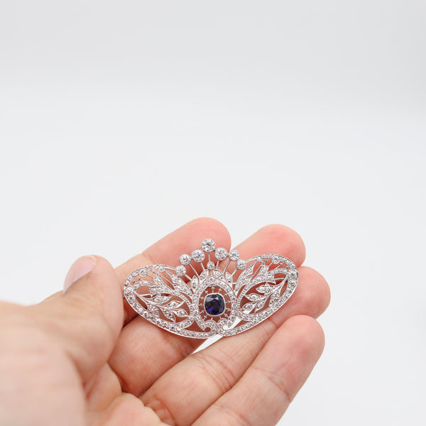 TIFFANY & CO 1910 Edwardian Brooch-Pendant Platinum 7.01 Cwt Diamonds & Sapphire