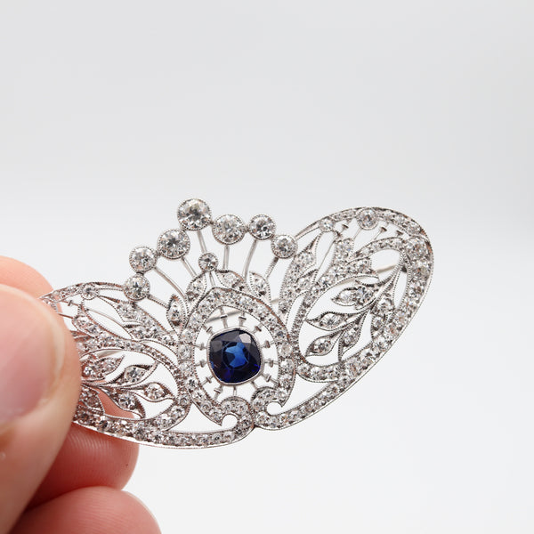 TIFFANY & CO 1910 Edwardian Brooch-Pendant Platinum 7.01 Cwt Diamonds & Sapphire