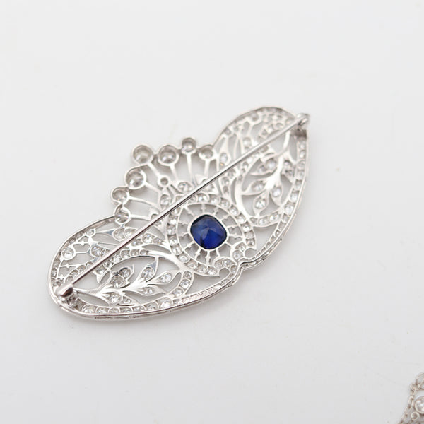 TIFFANY & CO 1910 Edwardian Brooch-Pendant Platinum 7.01 Cwt Diamonds & Sapphire