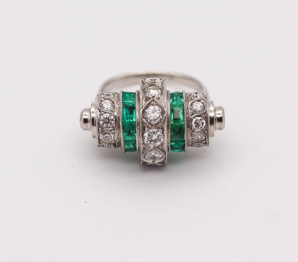 ART DECO 1925 Cocktail Geometric Ring In Platinum 3.19 Ctw Diamonds & Emeralds