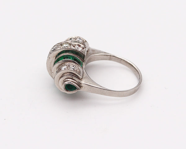 ART DECO 1925 Cocktail Geometric Ring In Platinum 3.19 Ctw Diamonds & Emeralds