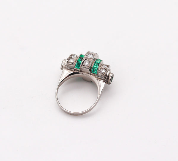 ART DECO 1925 Cocktail Geometric Ring In Platinum 3.19 Ctw Diamonds & Emeralds