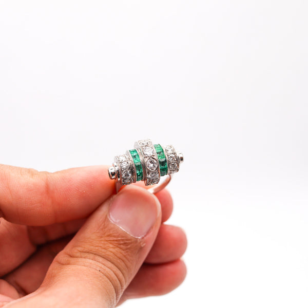 ART DECO 1925 Cocktail Geometric Ring In Platinum 3.19 Ctw Diamonds & Emeralds