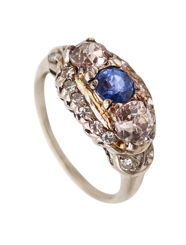 ART DECO 1920 Band Ring In 18Kt White Gold With 1.36 Ctw In Diamonds & Sapphire