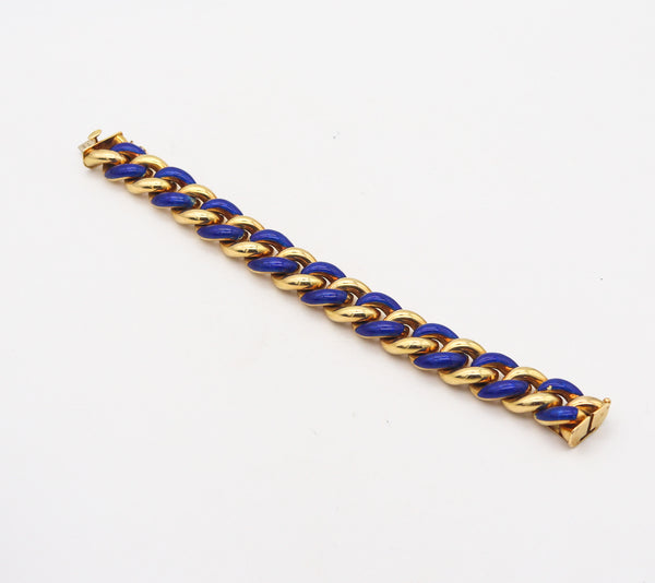 -Gay Freres 1970 Paris Blue Enameled Links Bracelet In Solid 18Kt Yellow Gold