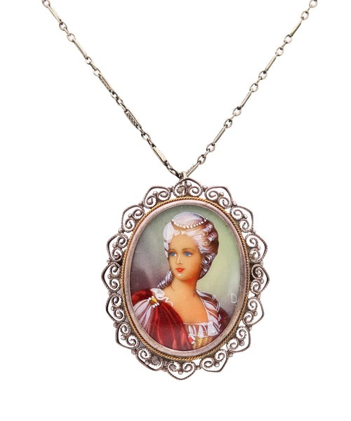 ITALIAN 1930 Antique Baroque Hand-Painted Cameo In .935 Sterling Silver