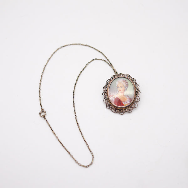 ITALIAN 1930 Antique Baroque Hand-Painted Cameo In .935 Sterling Silver