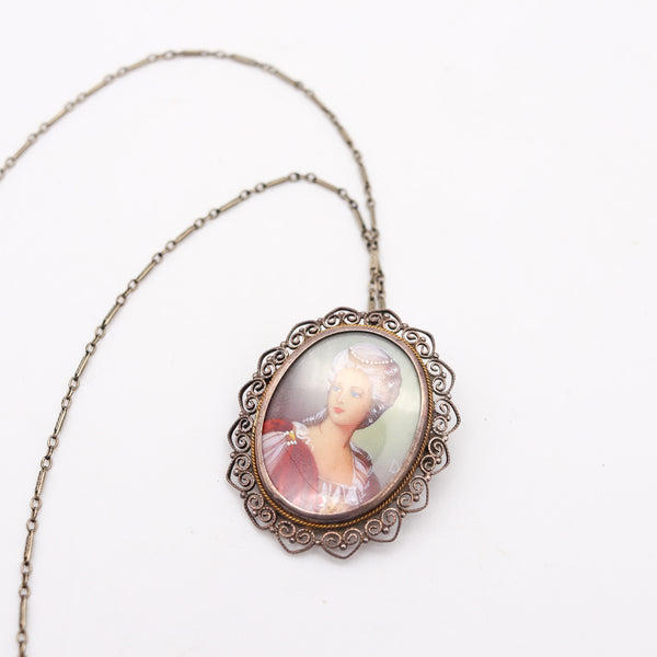 ITALIAN 1930 Antique Baroque Hand-Painted Cameo In .935 Sterling Silver