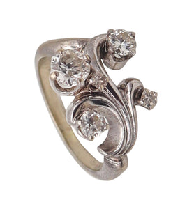 -Art Deco Retro 1940 Swirl Ring In Solid 14Kt White Gold With Four White Diamonds