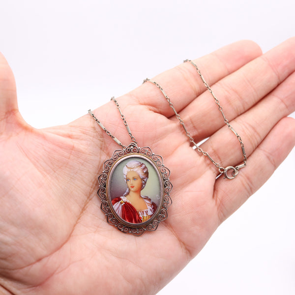 ITALIAN 1930 Antique Baroque Hand-Painted Cameo In .935 Sterling Silver