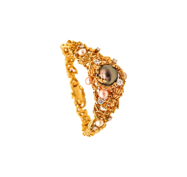 -Gilbert Albert 1970 Organic Bracelet In 18Kt Yellow Gold With Diamonds And Pearls