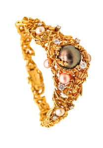 -Gilbert Albert 1970 Organic Bracelet In 18Kt Yellow Gold With Diamonds And Pearls