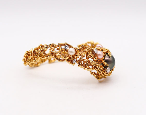 -Gilbert Albert 1970 Organic Bracelet In 18Kt Yellow Gold With Diamonds And Pearls