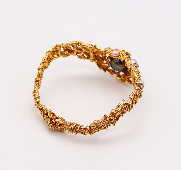 -Gilbert Albert 1970 Organic Bracelet In 18Kt Yellow Gold With Diamonds And Pearls