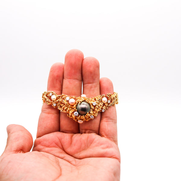 -Gilbert Albert 1970 Organic Bracelet In 18Kt Yellow Gold With Diamonds And Pearls