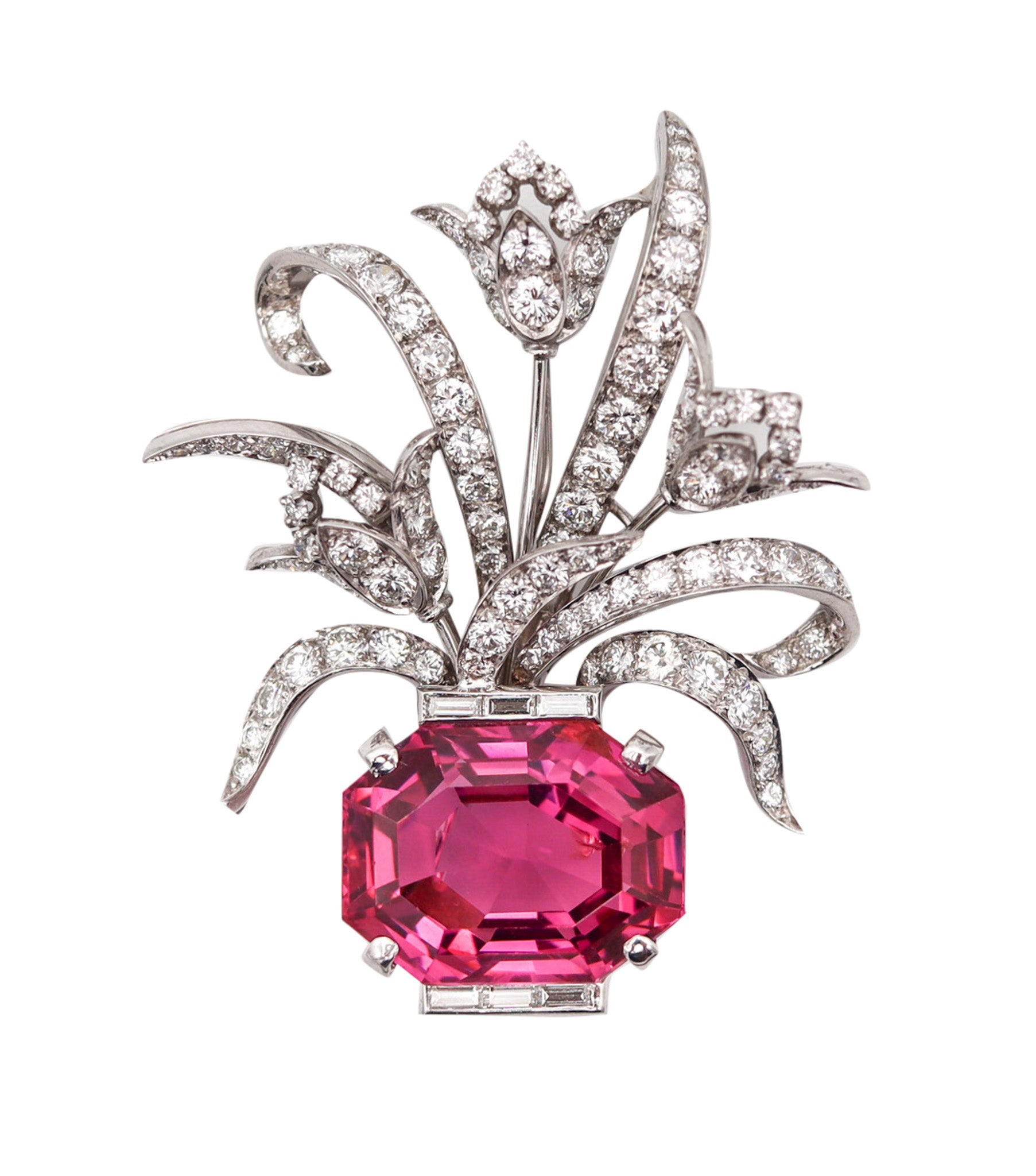 ART DECO 1930 Brooch In Solid Platinum With 27.31 Ctw In Diamonds And Rubellite