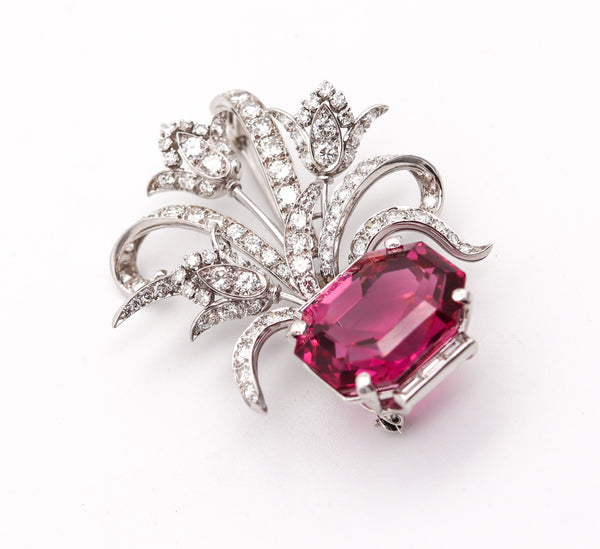 ART DECO 1930 Brooch In Solid Platinum With 27.31 Ctw In Diamonds And Rubellite