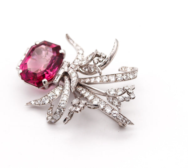 ART DECO 1930 Brooch In Solid Platinum With 27.31 Ctw In Diamonds And Rubellite